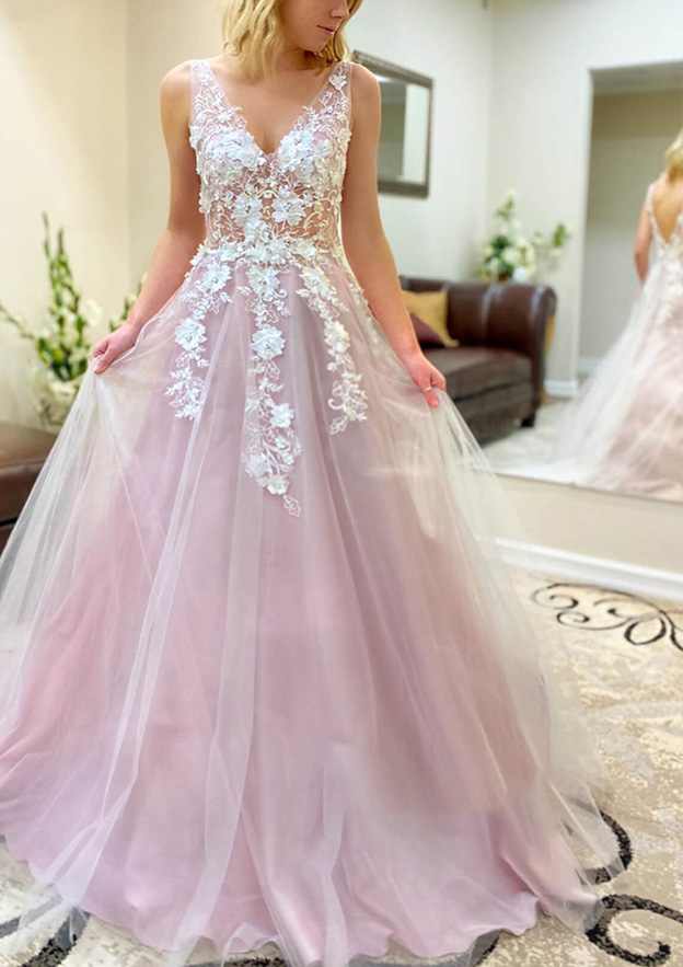 A-Line V-Neck Tulle Prom Dress/Evening Dress with Appliqu¨¦ - Long/Floor-Length