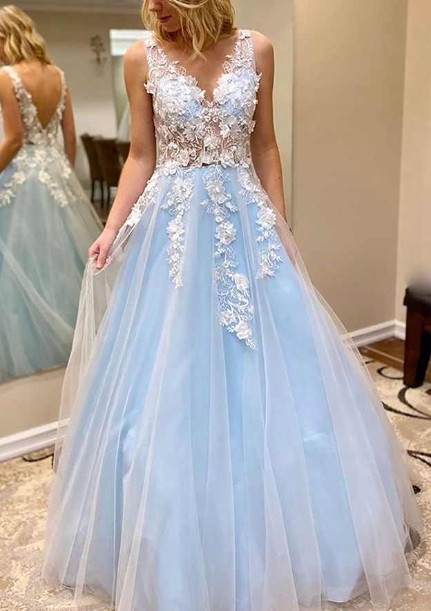 A-Line V-Neck Tulle Prom Dress/Evening Dress with Appliqu¨¦ - Long/Floor-Length