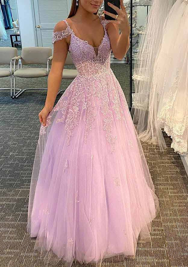 A-Line V-Neck Tulle Prom Dress/Evening Dress With Appliqued Beading and Regular Straps for a Long/Floor-Length Look