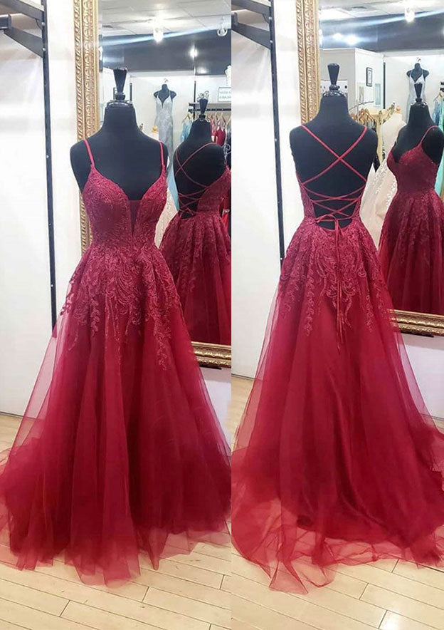 A-Line V-Neck Tulle Prom Dress/Evening Dress With Appliqued Laced and Chapel Train