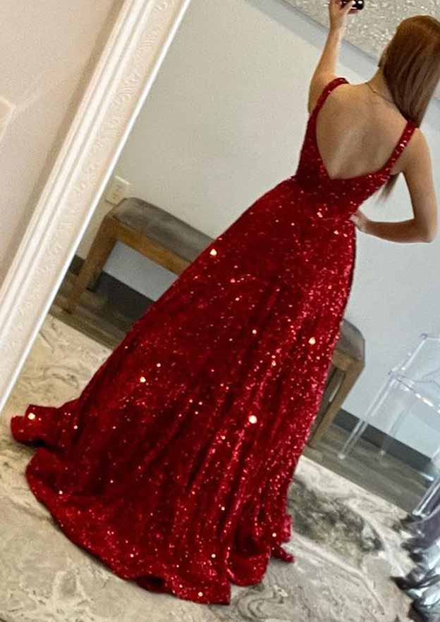 A-Line Velvet Sequins Prom Dress/Evening Dress with Pockets and Square Neckline Sleeveless Sweep Train