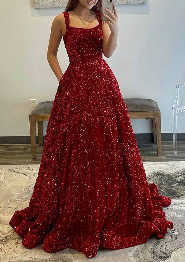 A-Line Velvet Sequins Prom Dress/Evening Dress with Pockets and Square Neckline Sleeveless Sweep Train