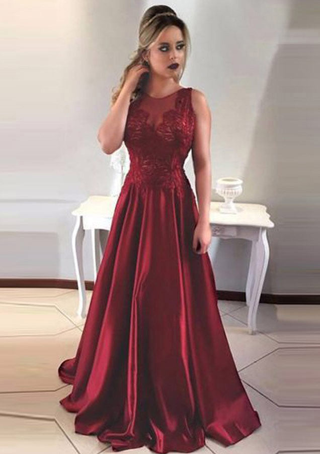 A-Line/Princess Scoop Neck Sweep Train Satin Prom Dress/Evening Dress With Appliqued