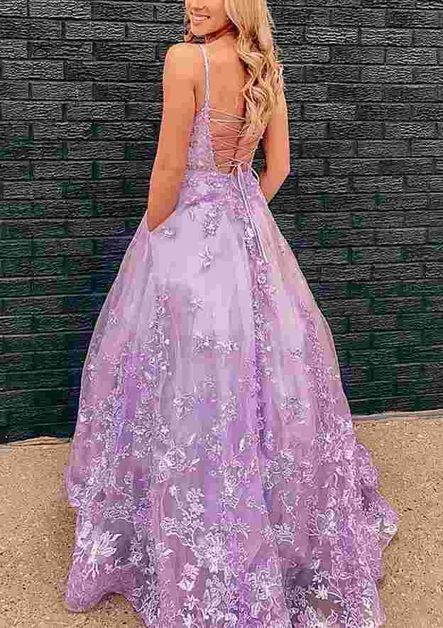 A-Line/Princess Square Neckline Sleeveless Tulle Prom Dress/Evening Dress With Appliqued Laced and Sweep Train