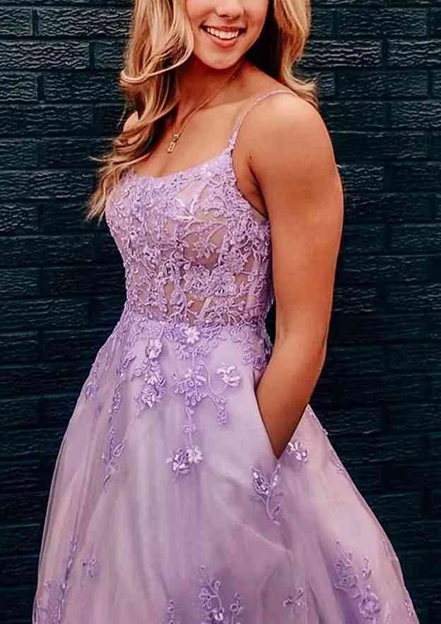 A-Line/Princess Square Neckline Sleeveless Tulle Prom Dress/Evening Dress With Appliqued Laced and Sweep Train