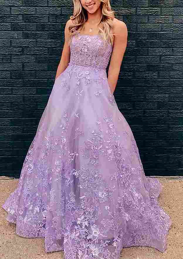 A-Line/Princess Square Neckline Sleeveless Tulle Prom Dress/Evening Dress With Appliqued Laced and Sweep Train