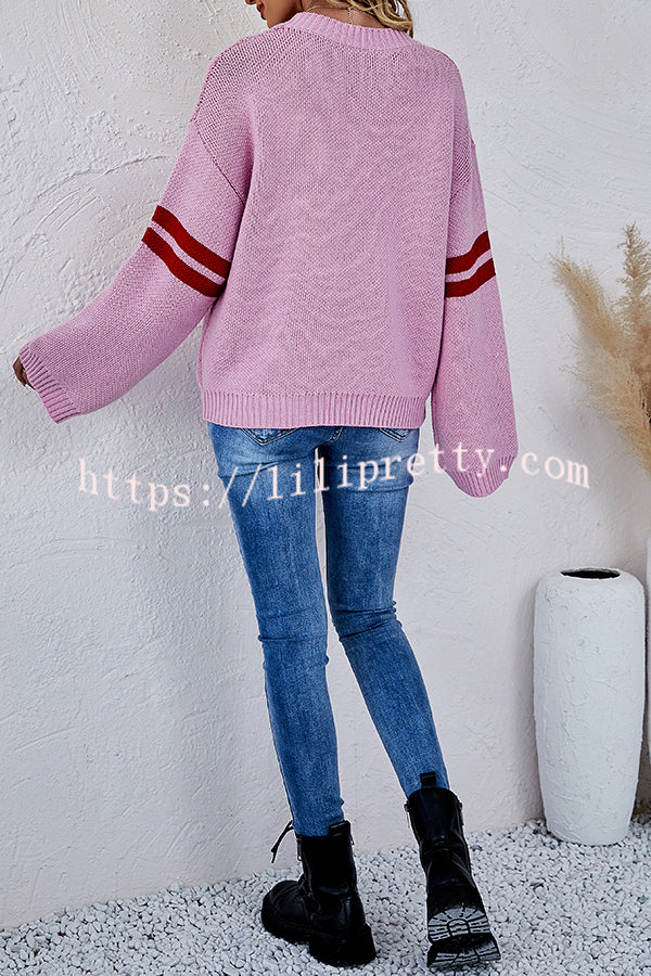 Contrast Color Round Neck Pullover Love Heart Knitted Long Sleeved Sweater