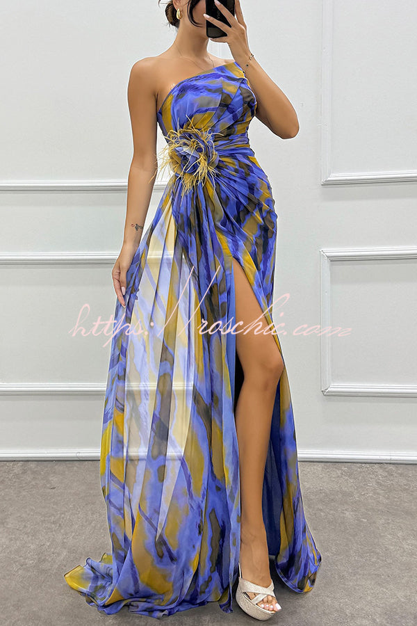 Amazing Views Watercolor Print Feather Rose Detail Off Shoulder Pleated Slit Maxi Dress