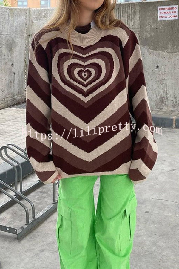 Color Block Multicolor Heart Shape Pullover Long Sleeve Sweater