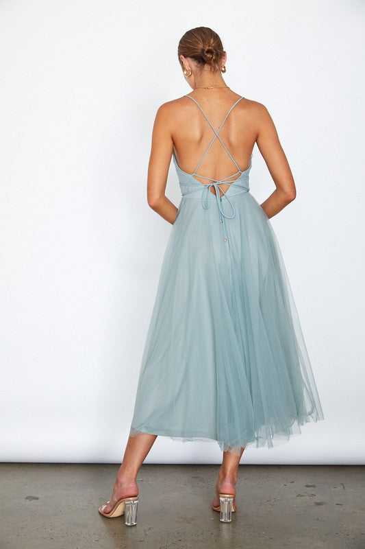 Tulle Ballerina Midi Dress With Cowl Front And Lace Up Open Back