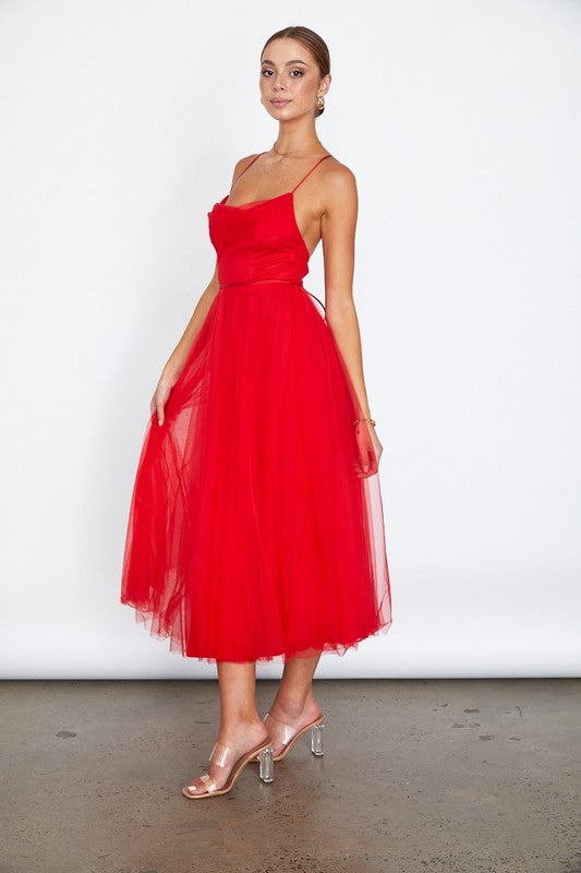 Tulle Ballerina Midi Dress With Cowl Front And Lace Up Open Back