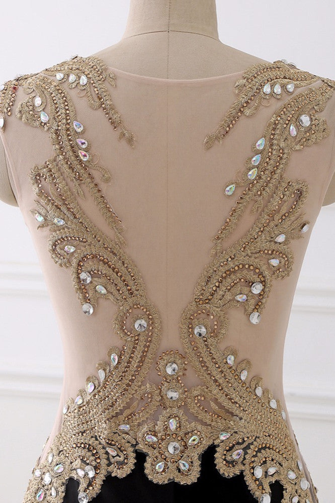 Affordabe V-Neck Sleeveless Mermaid Prom Dresses Gold Appliques with Crystals