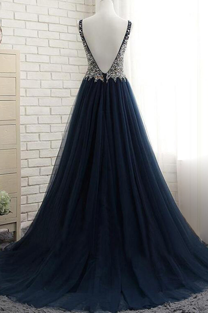 Affordable Dark Navy Tulle V-Neck Prom Dresses Ruffle Appliques beadings Party Dresses On Sale