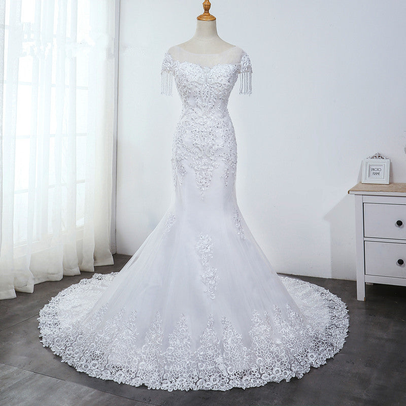 Affordable Jewel Mermaid Tulle Lace Wedding Dress Sleeveless Appliques Beading Bridal Gowns with Tassels