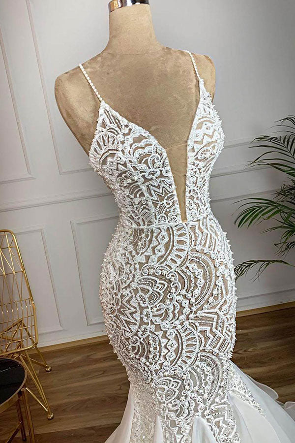 Affordable Mermaid Spaghetti Straps Lace Wedding Dresses Ivory Sleeveless Bridal Gowns With Appliques