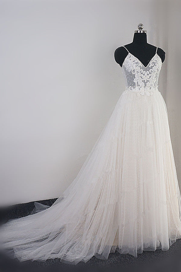 Affordable Spaghetti Straps Tulle Ruffle Wedding Dress V-Neck Lace Appliques Bridal Gowns On Sale