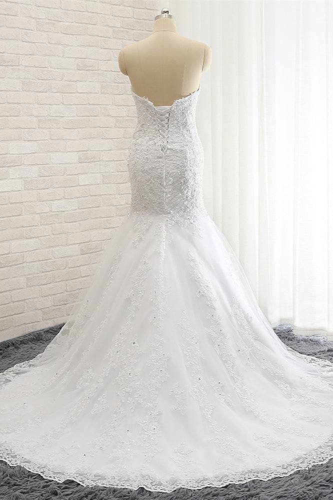 Affordable Strapless Tulle Lace Wedding Dress Sleeveless Sweetheart Bridal Gowns with Appliques On Sale