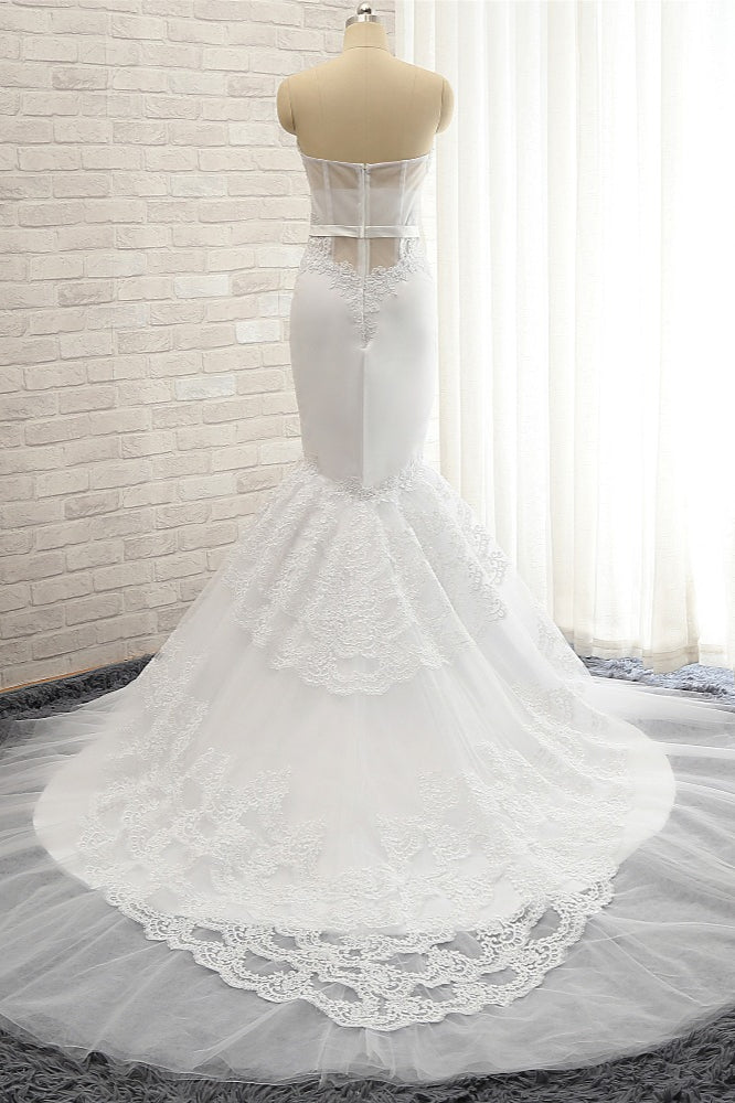 Affordable Sweetheart White Lace Wedding Dresses Tulle Satin Bridal Gowns With Appliques On Sale