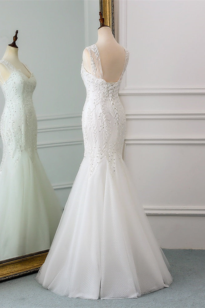 Affordable V-Neck Appliques Mermaid Wedding Dresses with Beadings