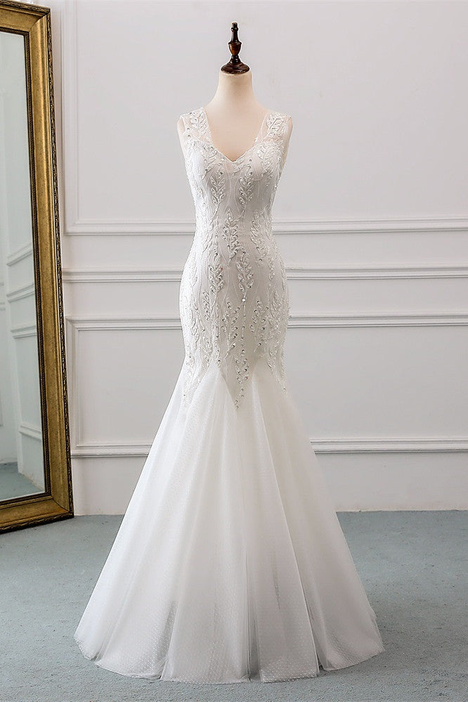 Affordable V-Neck Appliques Mermaid Wedding Dresses with Beadings