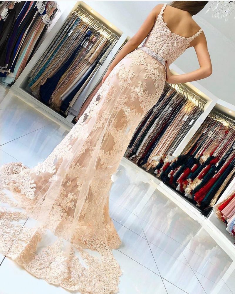 Alluring Elegant Lace Spaghetti Strap Chic Mermaid Prom Dresses Sleeveless Evening Dresses with Over-skirt