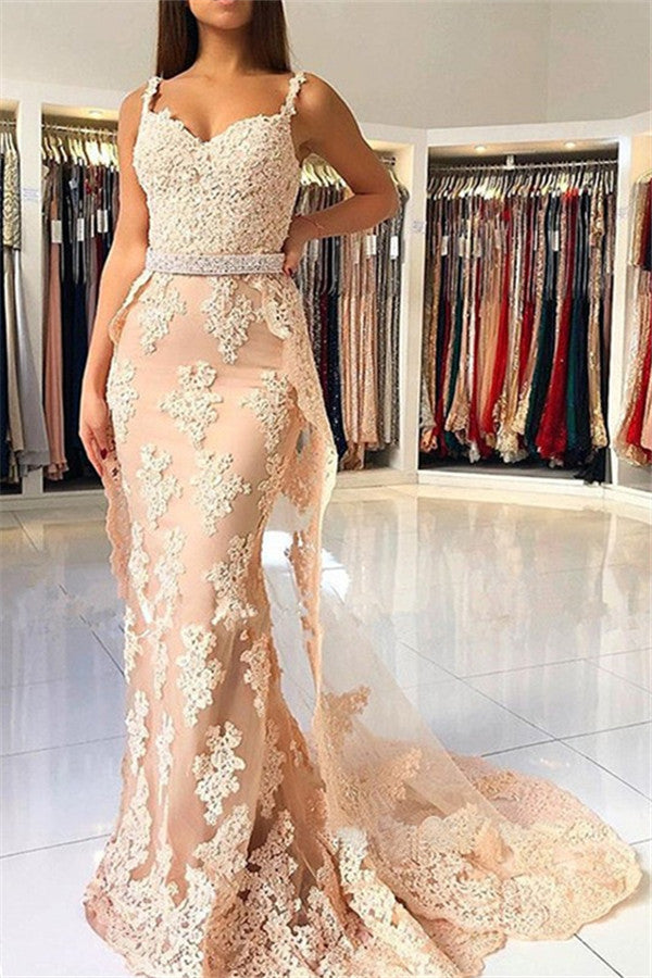 Alluring Elegant Lace Spaghetti Strap Chic Mermaid Prom Dresses Sleeveless Evening Dresses with Over-skirt