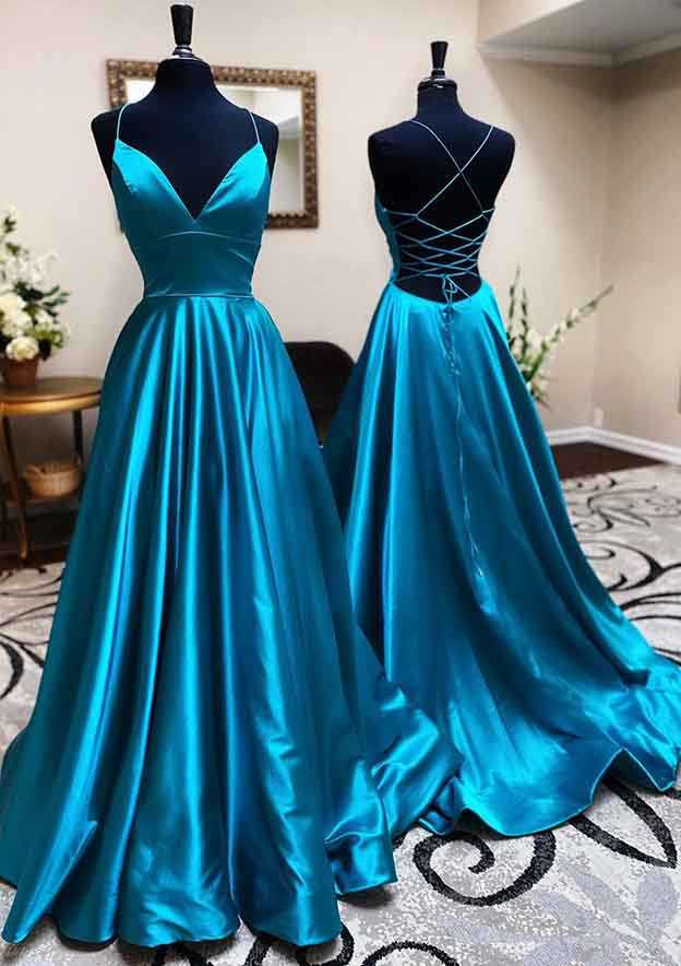 Amazing A-Line V-Neck Long Prom Dress/Evening Dress with Pleated Charmeuse Skirt