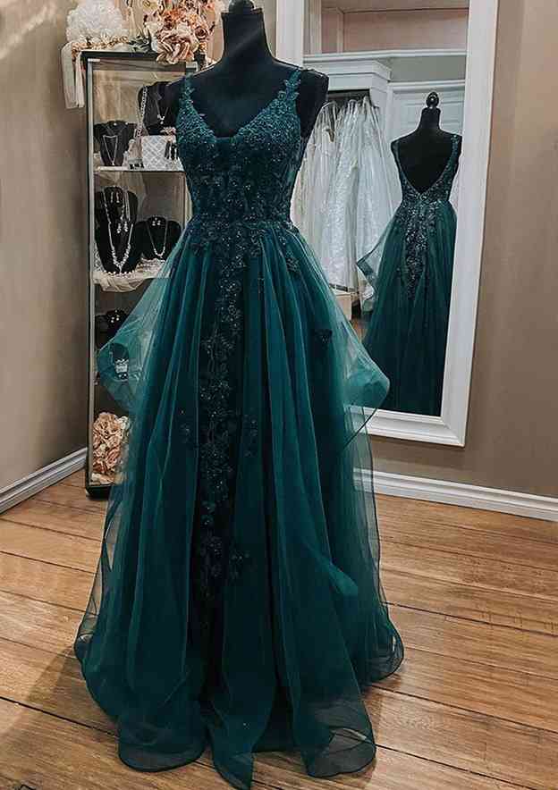 Amazing A-Line V-Neck Sleeveless Laced Tulle Long Prom Dress/Evening Dress With Beading