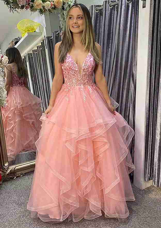 Amazing A-Line V-Neck Sleeveless Long Tulle Prom Dress/Evening Dress with Appliqued