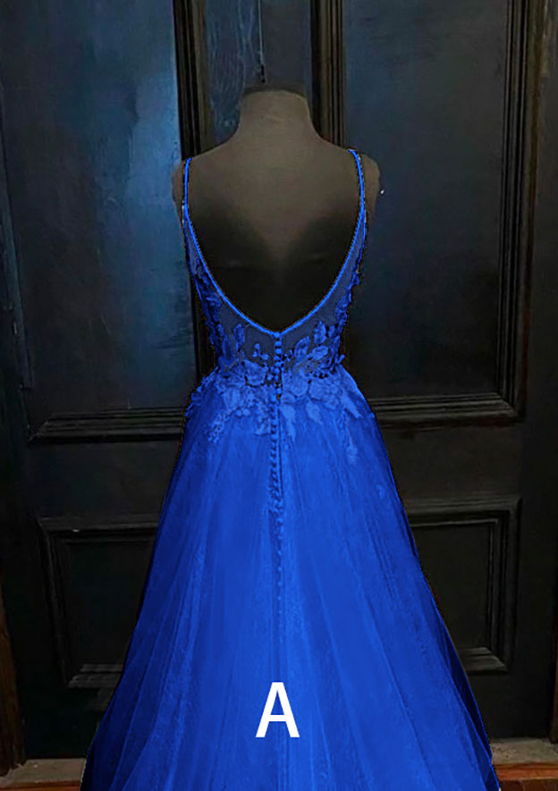 Amazing A-Line V-Neck Spaghetti Straps Sweep Train Tulle Prom Dress/Evening Dress with Appliqued