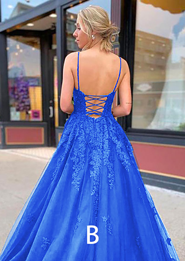 Amazing A-Line V-Neck Spaghetti Straps Sweep Train Tulle Prom Dress/Evening Dress with Appliqued