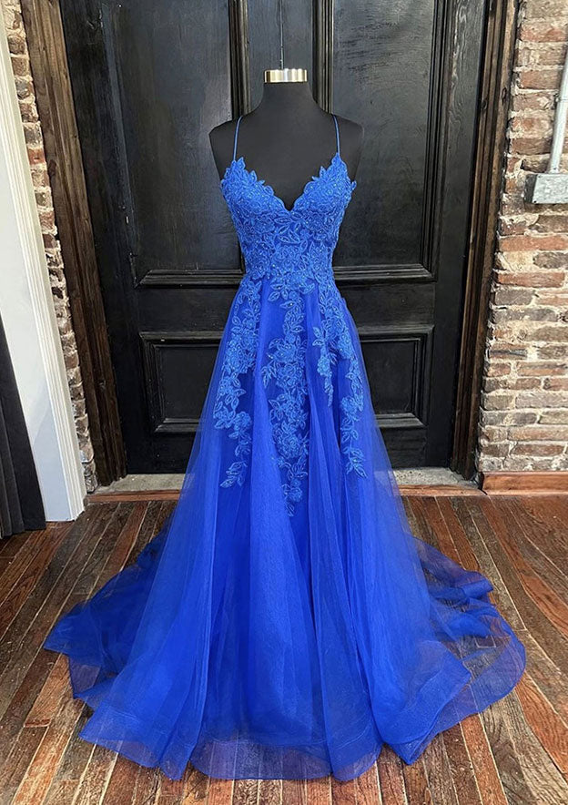 Amazing A-Line V-Neck Spaghetti Straps Sweep Train Tulle Prom Dress/Evening Dress with Appliqued