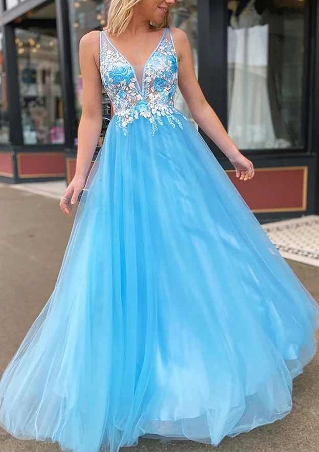 Amazing A-Line/Princess V-Neck Sleeveless Tulle Long/Floor-Length Prom Dress/Evening Dress With Appliqued