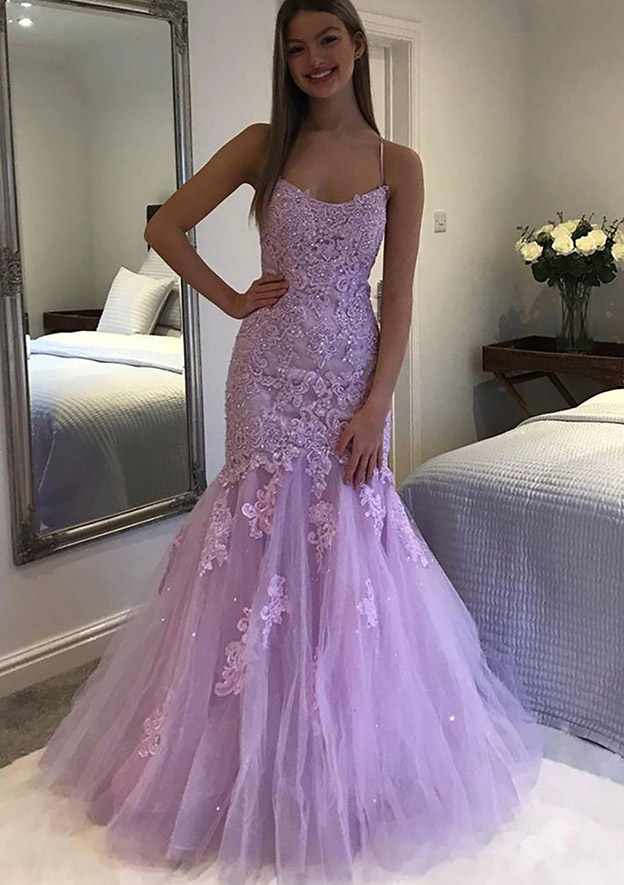 Amazing Laced Prom Dress/Evening Dress - Trumpet/Mermaid V-Neck Spaghetti Straps Long/Floor-Length With Beading