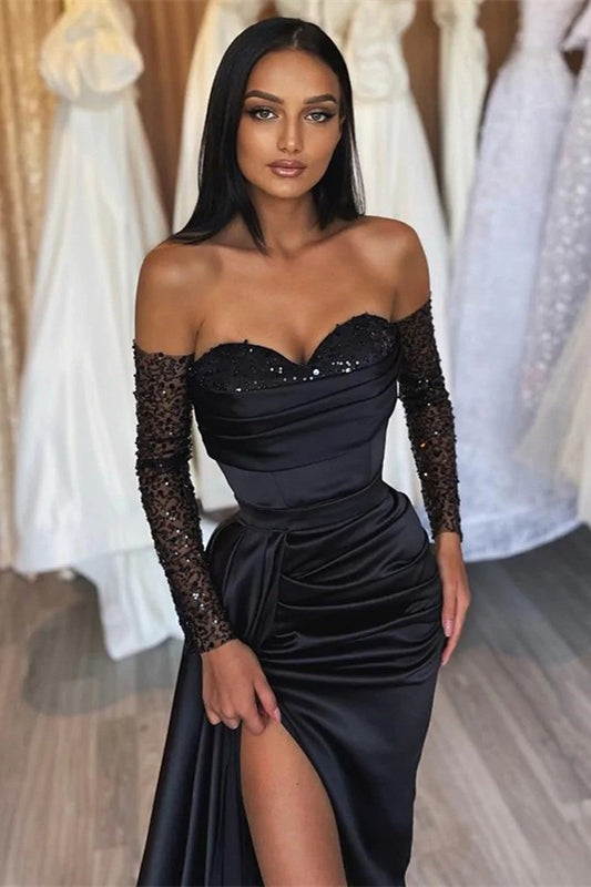 Amazing Long Black Mermaid Prom Dress with Front Slit and Sequined Embellishments