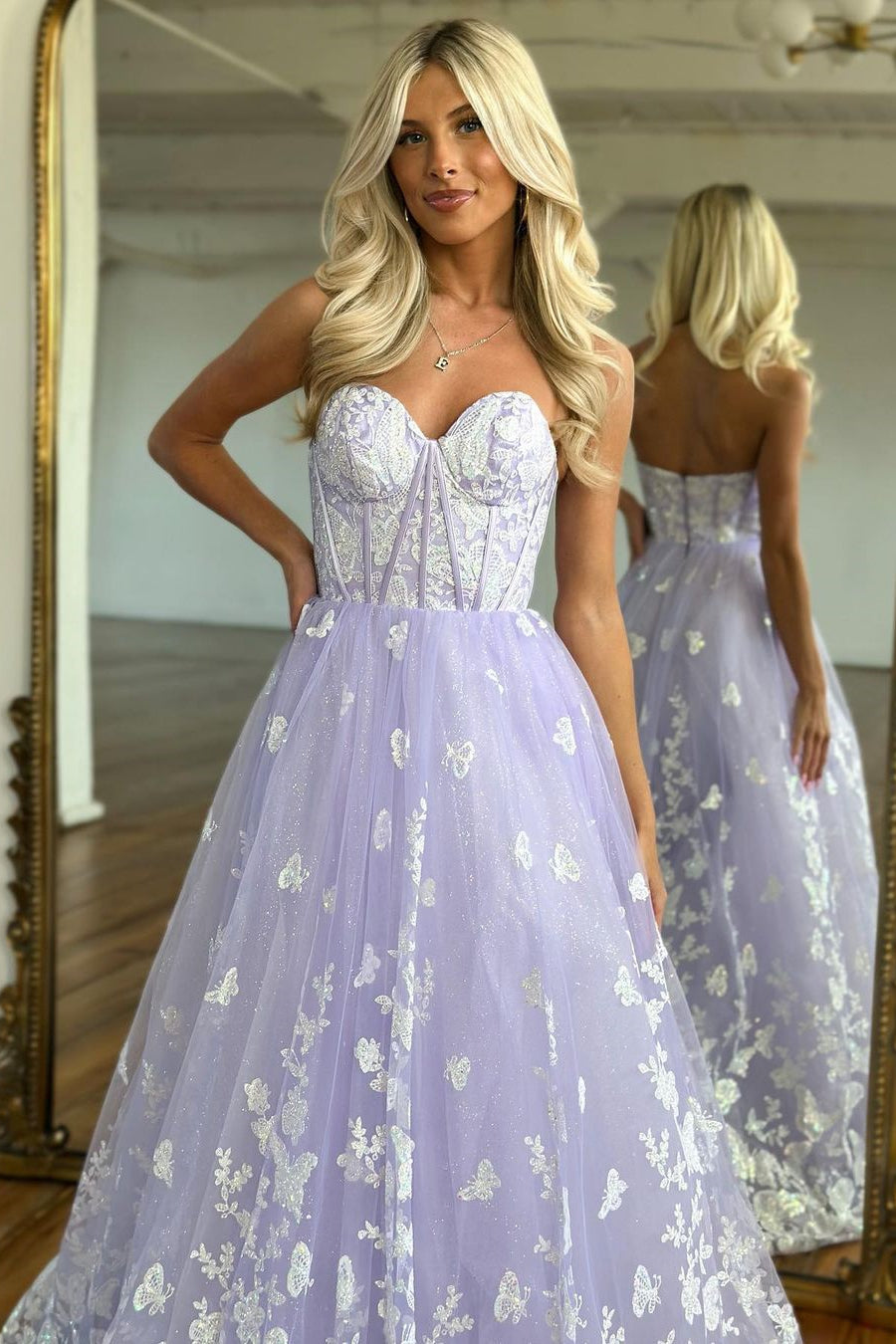 Amazing Long Lilac A-line Sweetheart Strapless Prom Dress with Elegant Lace Details