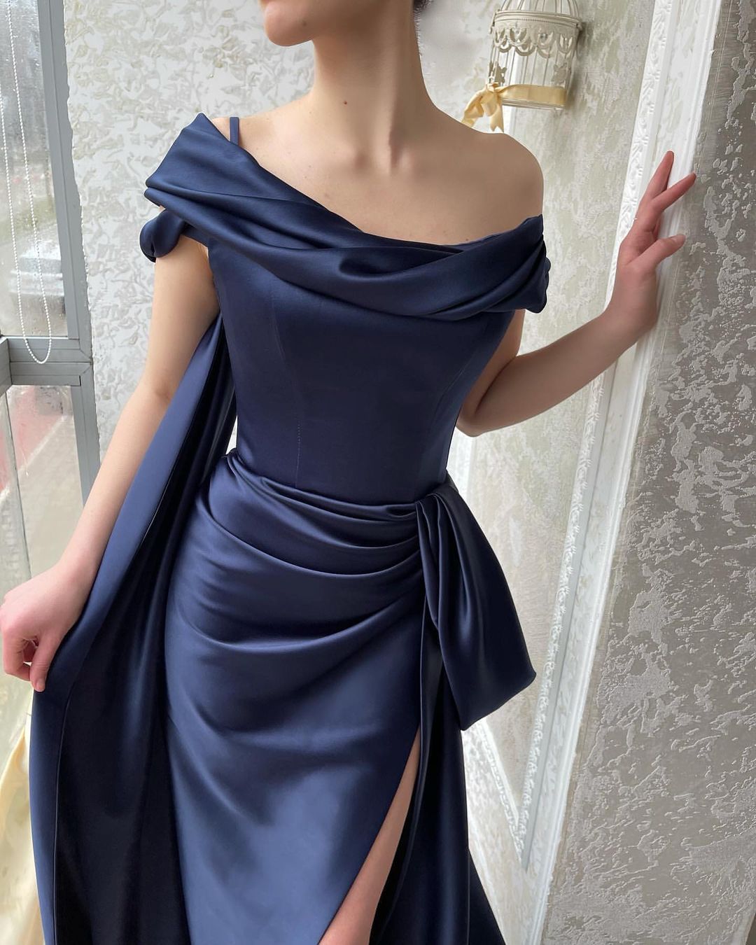 Amazing Navy Off-Shoulder Mermaid Prom Dress with a Slit