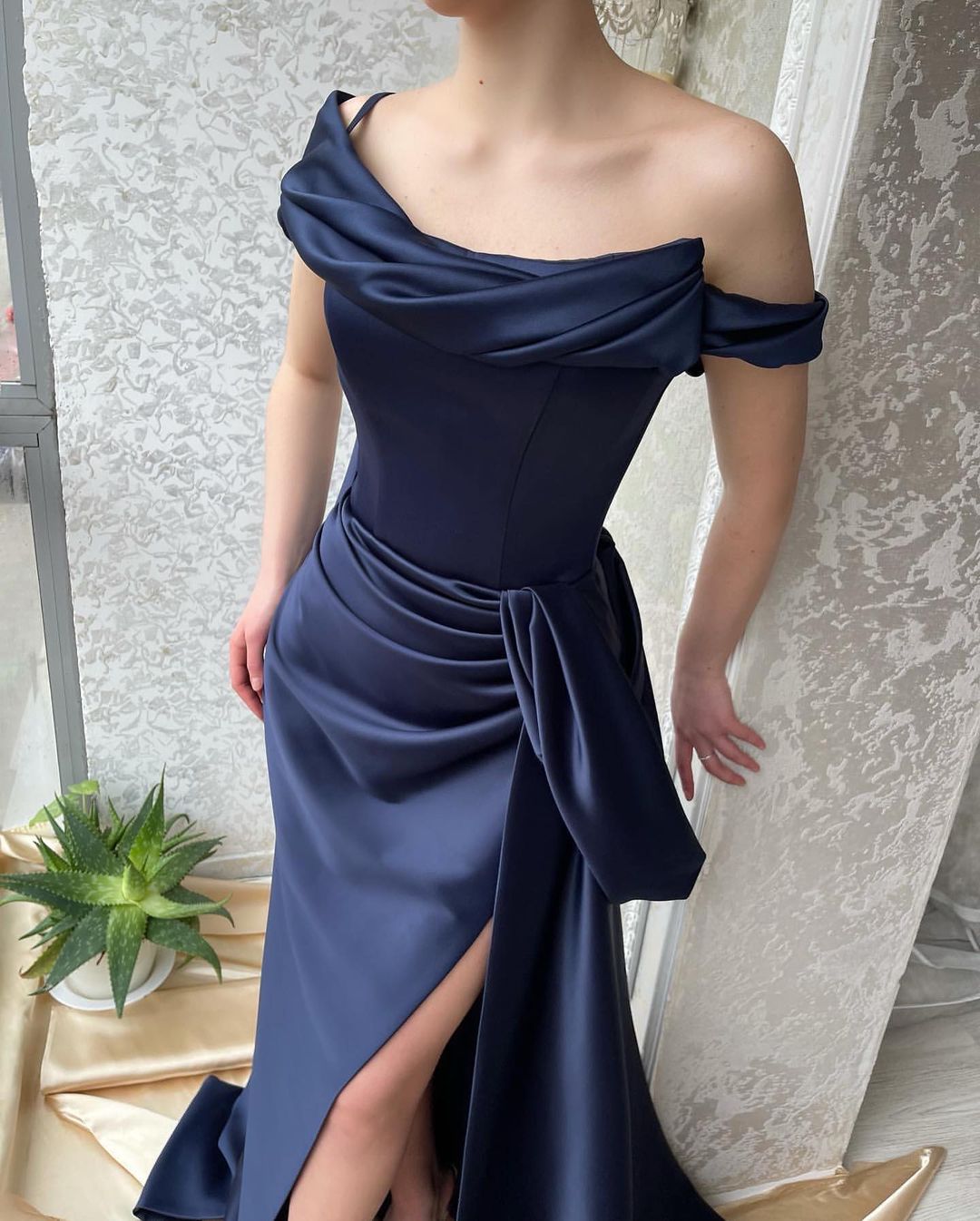 Amazing Navy Off-Shoulder Mermaid Prom Dress with a Slit