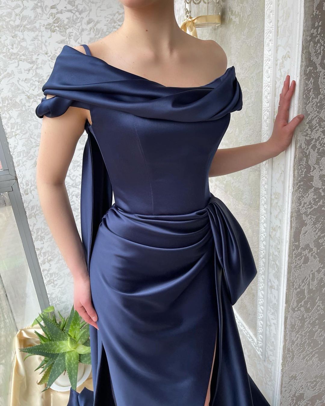 Amazing Navy Off-Shoulder Mermaid Prom Dress with a Slit