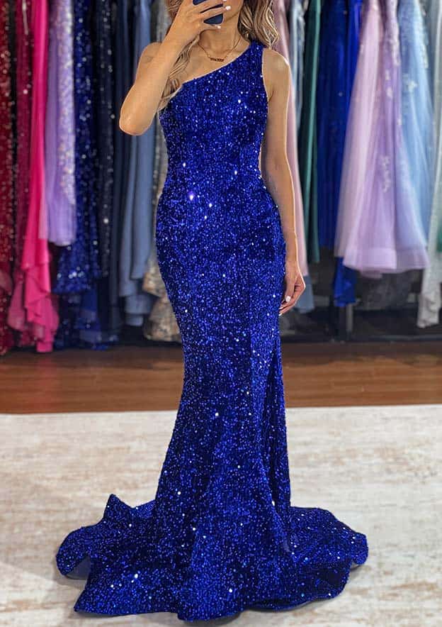 Amazing One-Shoulder Velvet Sequins Prom Dress/Evening Dress for a Memorable Evening