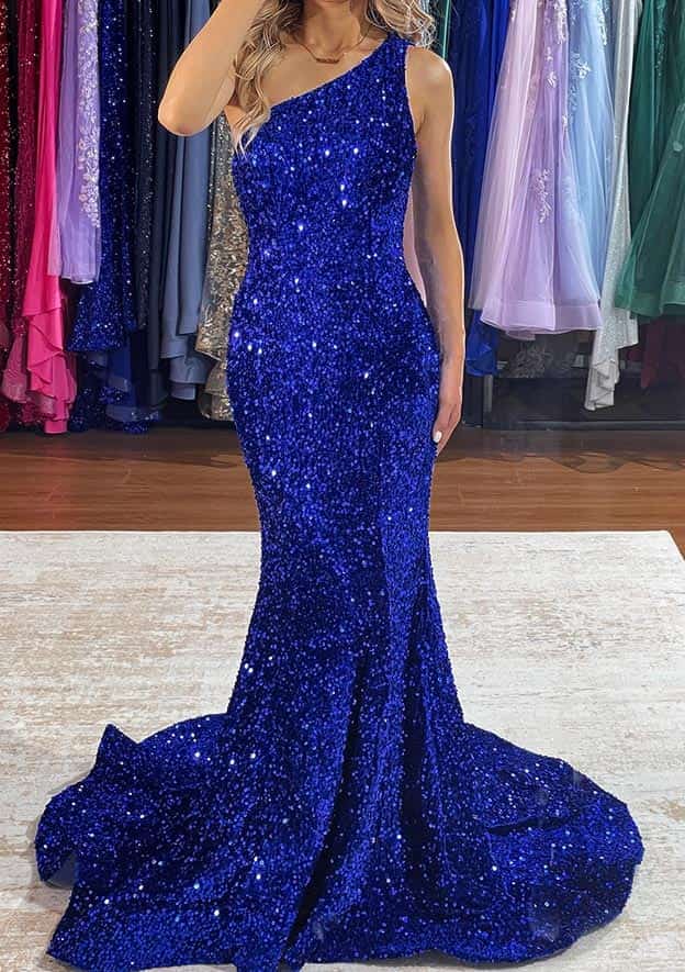 Amazing One-Shoulder Velvet Sequins Prom Dress/Evening Dress for a Memorable Evening