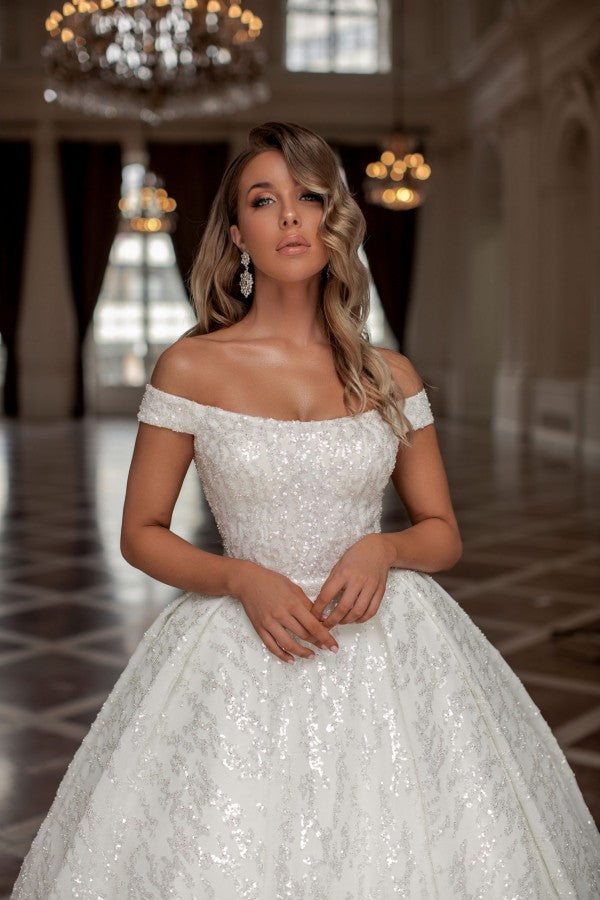 Amazing Princess Long White Off-the-Shoulder Glitter Long Wedding Dresses Online