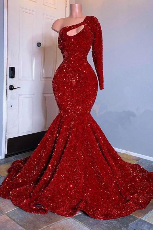 Amazing Red Long Sleeves Prom Dress One-Shoulder Mermaid With Sequins