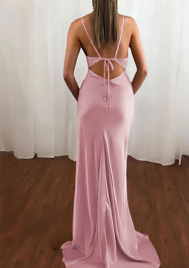 Amazing Satin Prom Dress/Evening Dress with Sheath/Column Cowl Neck and Spaghetti Straps Sweep Train