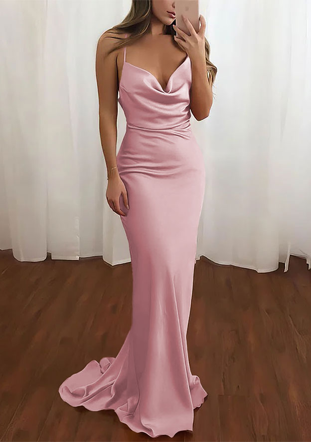 Amazing Satin Prom Dress/Evening Dress with Sheath/Column Cowl Neck and Spaghetti Straps Sweep Train