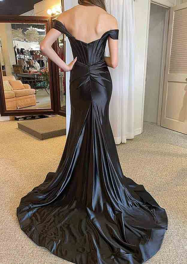 Amazing Satin Trumpet/Mermaid Split Prom Dress/Evening Dress with Off-the-Shoulder Straps and Pleated Court Train