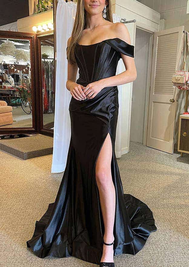 Amazing Satin Trumpet/Mermaid Split Prom Dress/Evening Dress with Off-the-Shoulder Straps and Pleated Court Train