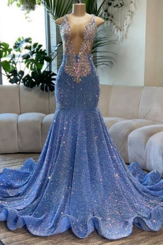 Stunning Sleeveless Glitter Mermaid Prom Dress with Gold Crystals for Evening Gown