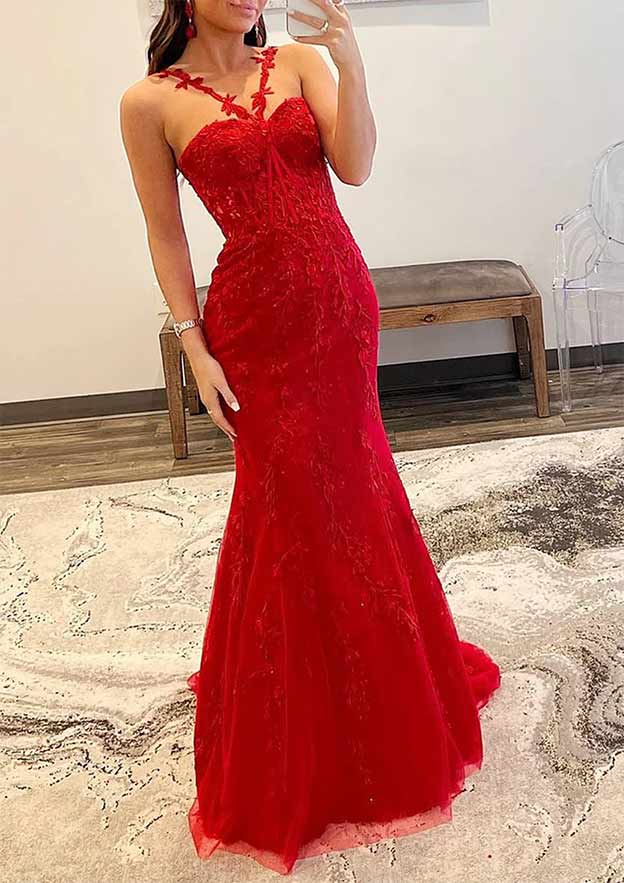 Amazing Trumpet/Mermaid Prom Dress/Evening Dress with Beaded Appliques and Scalloped Neckline