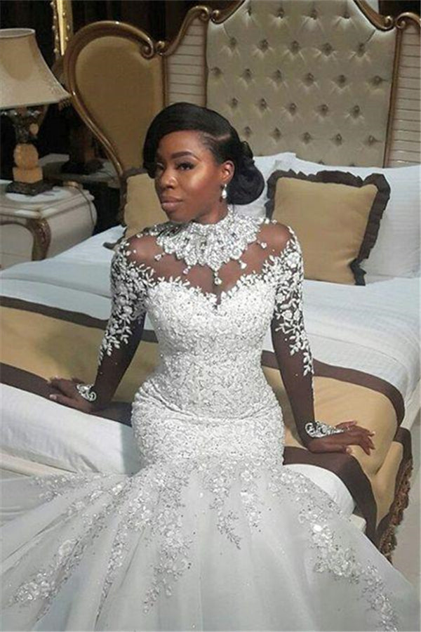 AmazingBeads Lace Appliques High Neck Wedding Dress Mermaid Bridal Dress